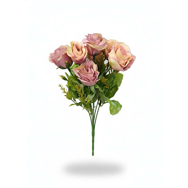 RAMO 6 ROSAS SEMI ABIERTAS C/FOLLAJE PLAS+HOJAS COL SURT AM-596