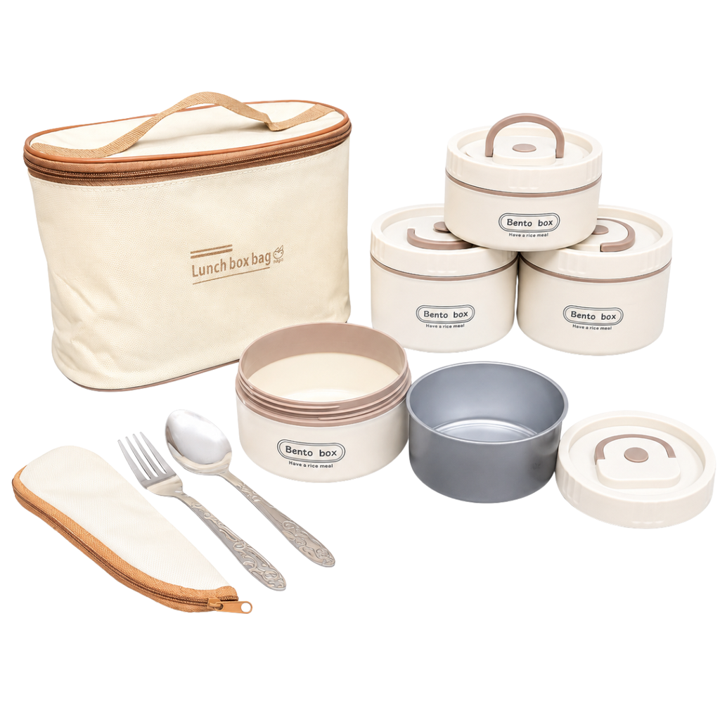 KIT LONCHERA 4 RECIP C/TAP + CUBIERTOS BEIGE GIGI FH-3