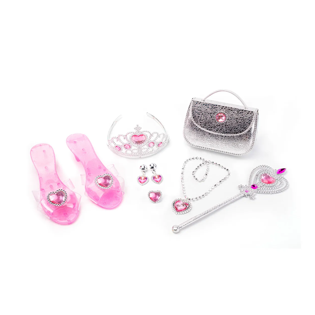 SET 9 PZ ACCESORIOS PRINCESA C/CARTERA ZAPATOS PLA/ROSA CAJ ROYAL 45315/71322