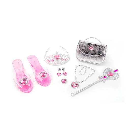 [15013047] SET 9 PZ ACCESORIOS PRINCESA C/CARTERA ZAPATOS PLA/ROSA CAJ ROYAL 45315/71322